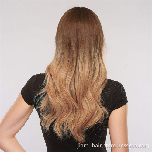 Long Brown Ombre Synthetic Wigs Water Wave Women's Wigs with Bangs Heat Resistant African American Hair